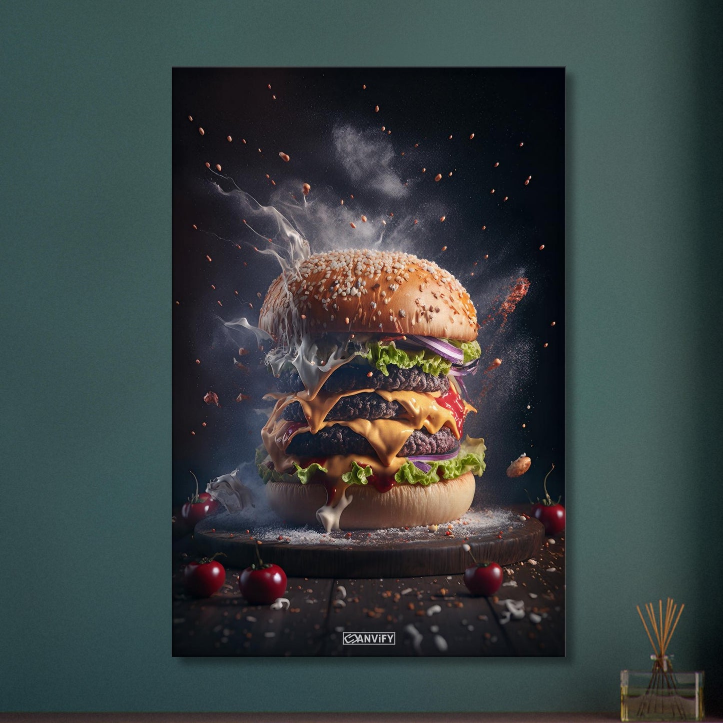 Saftig köstlicher Rindfleischburger mit Käse und Salat auf einer Leinwand