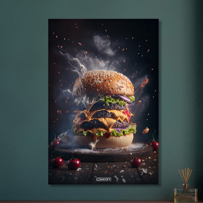 Saftig köstlicher Rindfleischburger mit Käse und Salat auf einer Leinwand
