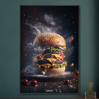 Saftig köstlicher Rindfleischburger mit Käse und Salat auf einem Poster im Metallrahmen