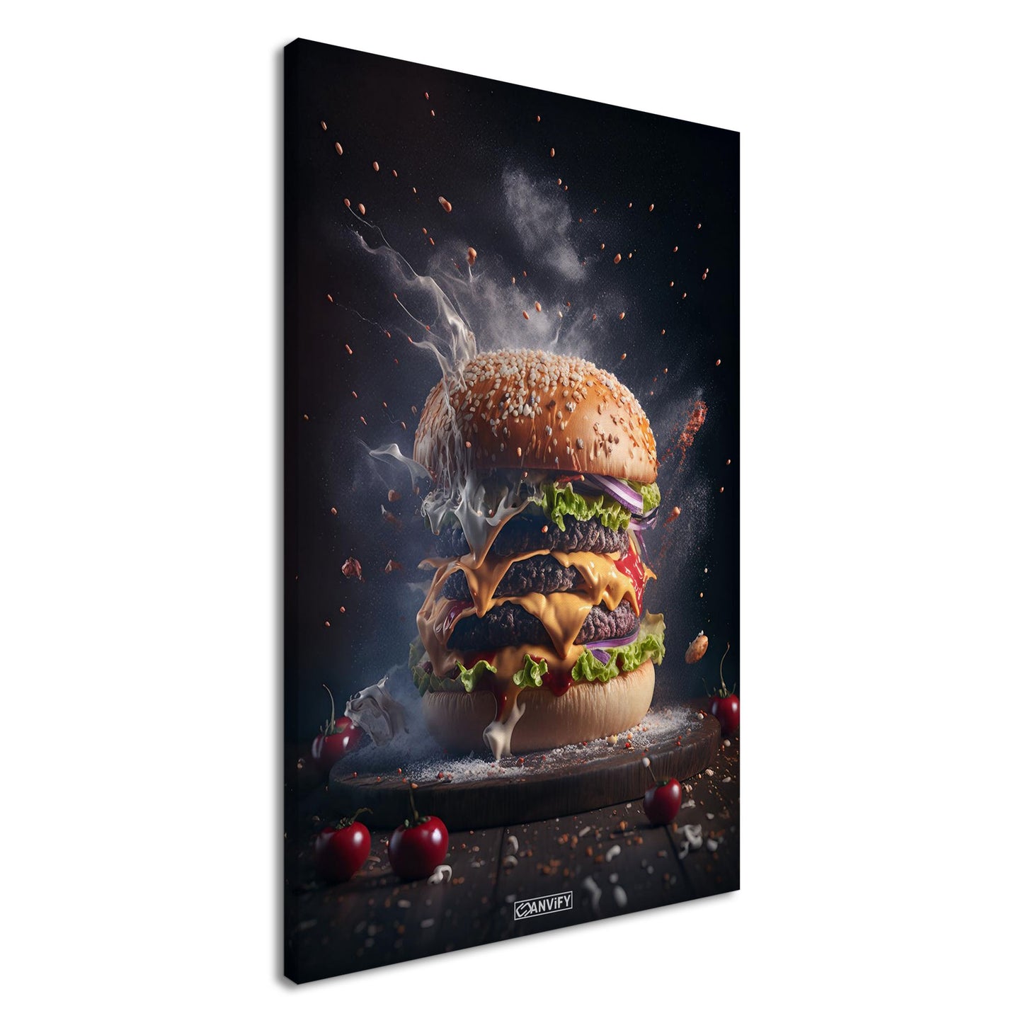 Saftig köstlicher Rindfleischburger mit Käse und Salat auf einer Leinwand