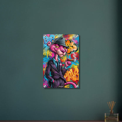 Pink Panther im Look eines Detektivs raucht eine Zigarre im Pop Art Stil auf einem Acrylbild