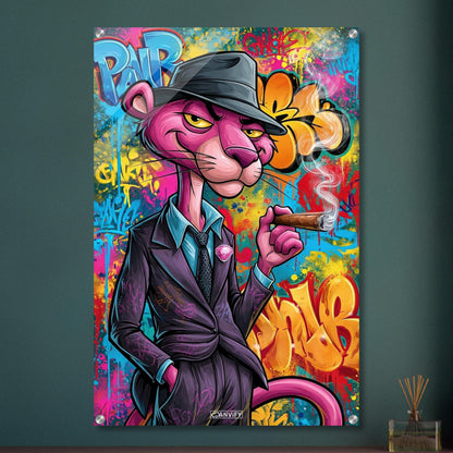 Pink Panther im Look eines Detektivs raucht eine Zigarre im Pop Art Stil auf einem Acrylbild