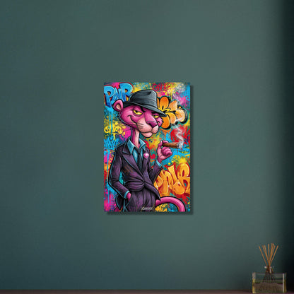 Pink Panther im Look eines Detektivs raucht eine Zigarre im Pop Art Stil auf Aluminium