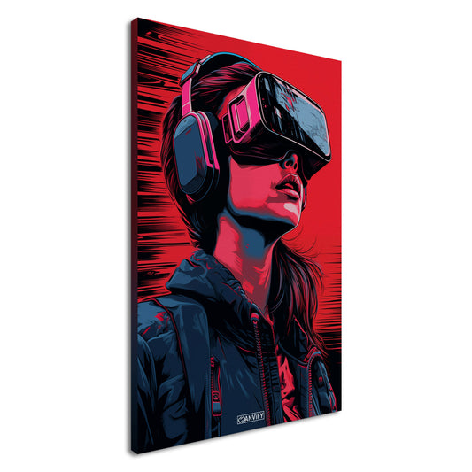 Olivia Cooke aus dem Film Ready Player One mit einer VR Brille im Pop Art Stil auf einer Leinwand
