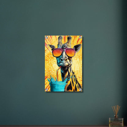 Coole Giraffe mit Sonnenbrille trinkt mit Strohhalm aus einem Wasserglas im Pop Art Stil auf einem Acrylbild