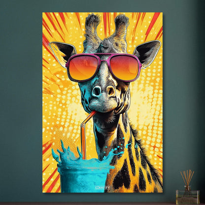 Coole Giraffe mit Sonnenbrille trinkt mit Strohhalm aus einem Wasserglas im Pop Art Stil auf Aluminium