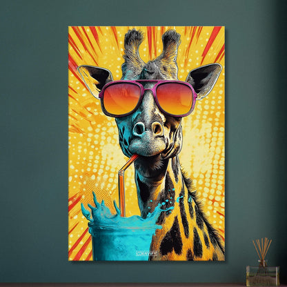 Coole Giraffe mit Sonnenbrille trinkt mit Strohhalm aus einem Wasserglas im Pop Art Stil auf einer Leinwand