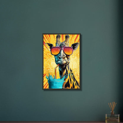Coole Giraffe mit Sonnenbrille trinkt mit Strohhalm aus einem Wasserglas im Pop Art Stil auf einem Poster im Metallrahmen