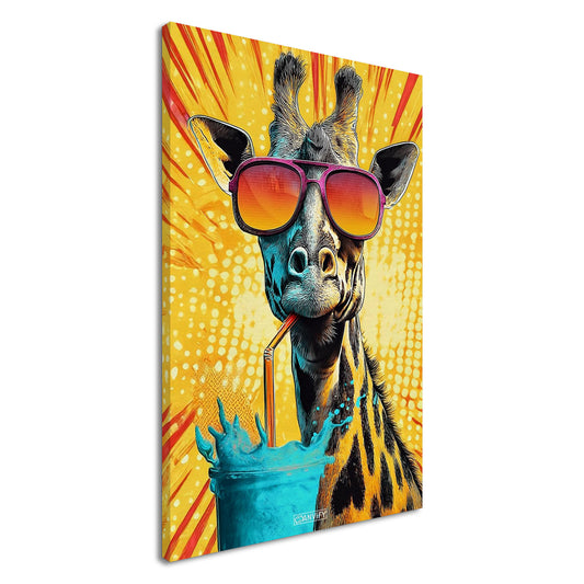 Coole Giraffe mit Sonnenbrille trinkt mit Strohhalm aus einem Wasserglas im Pop Art Stil auf einer Leinwand