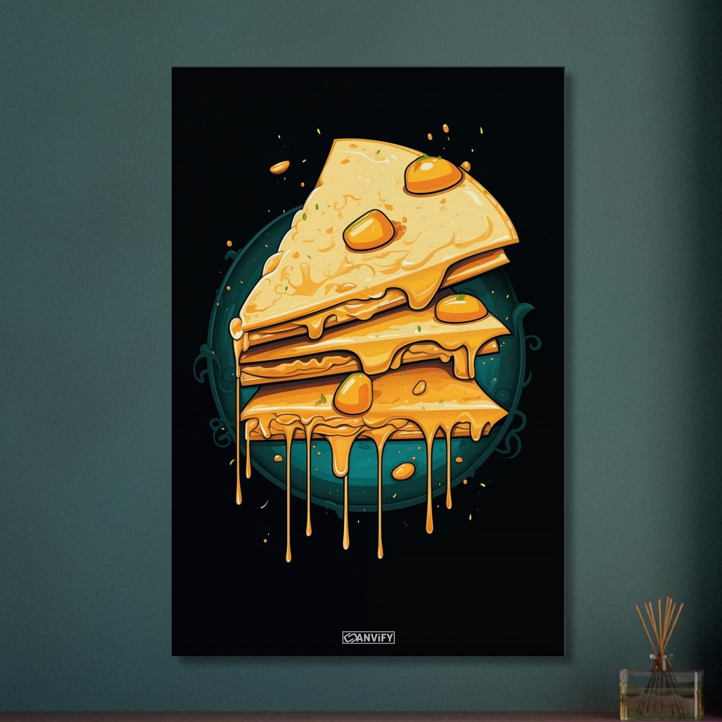 Tropfender Käsekuchen im Comic Stil auf einer Leinwand