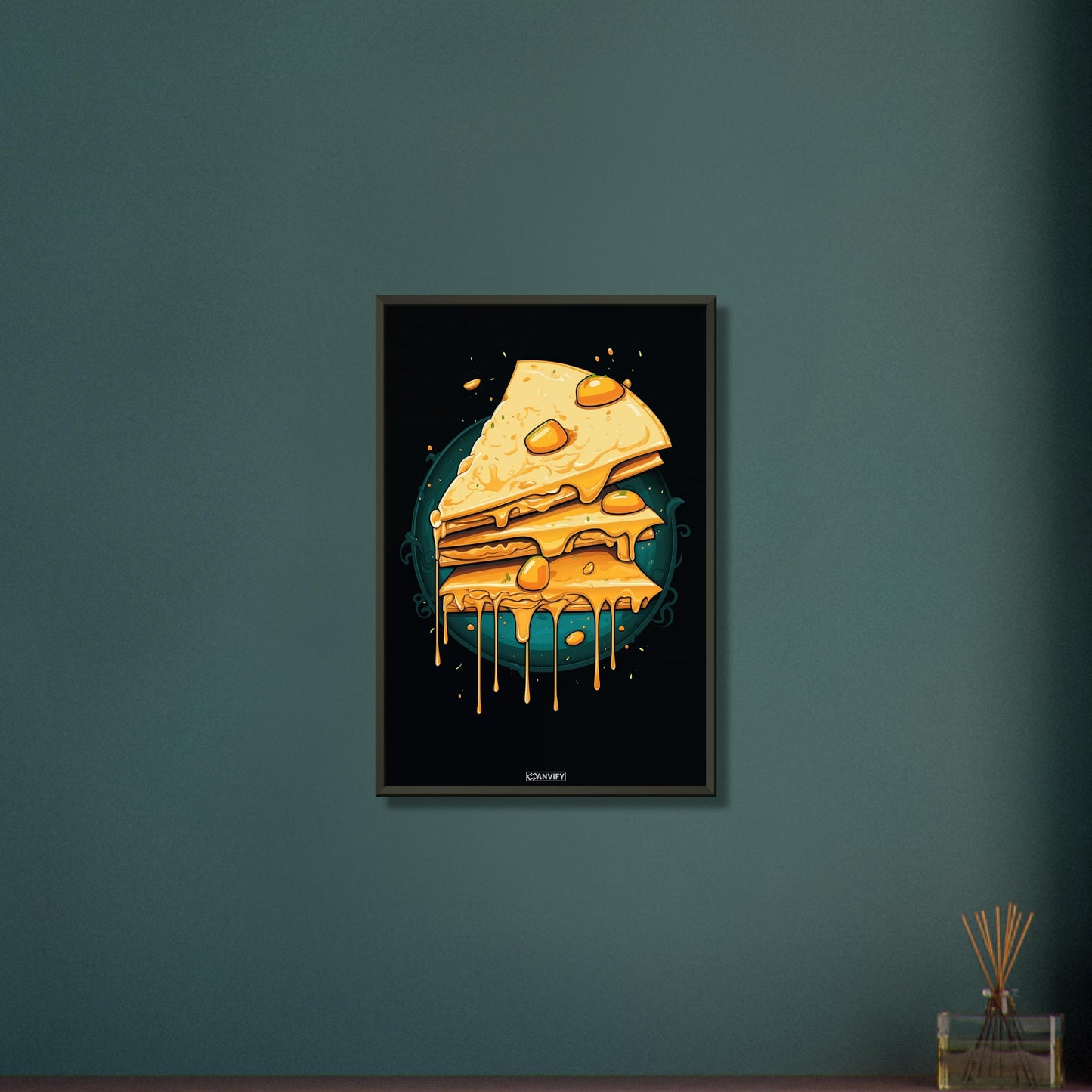 Tropfender Käsekuchen im Comic Stil auf einem Poster im Metallrahmen