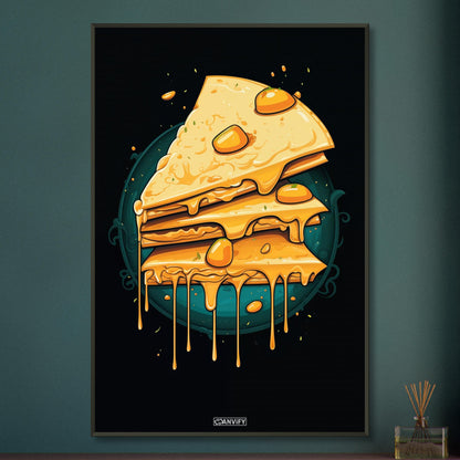 Tropfender Käsekuchen im Comic Stil auf einem Poster im Metallrahmen