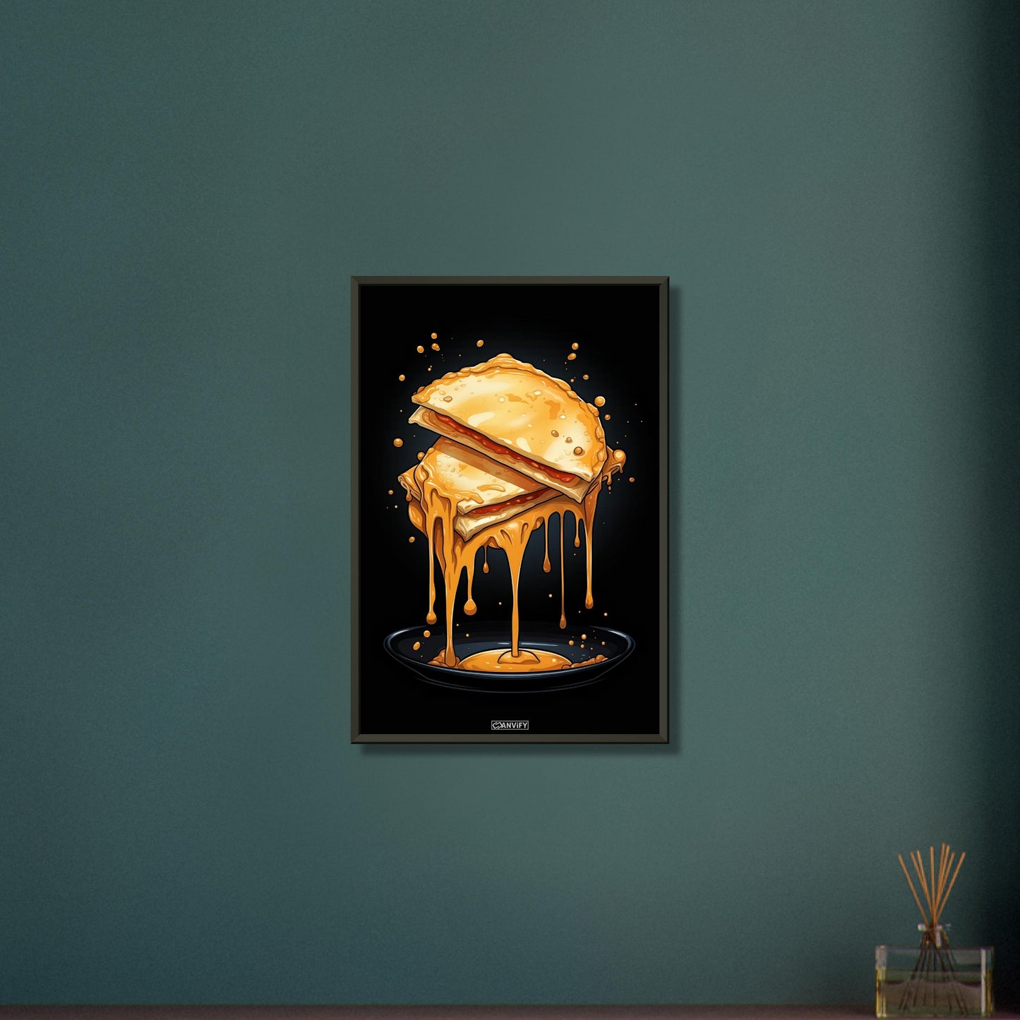 Tropfende Quesadilla im Comic Stil auf einem Poster im Metallrahmen