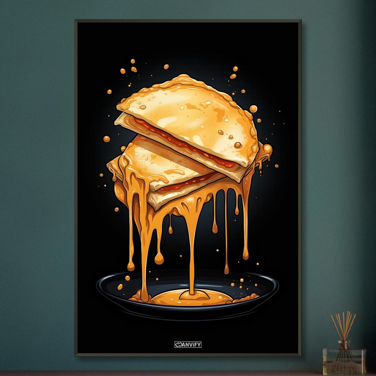 Tropfende Quesadilla im Comic Stil auf einem Poster im Metallrahmen