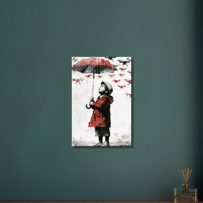 Junge im Banksy Stil mit rotem Regenschirm und Regenjacke im Regen voller Dronen auf einem Acrylbild