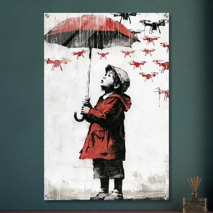 Junge im Banksy Stil mit rotem Regenschirm und Regenjacke im Regen voller Dronen auf einem Acrylbild