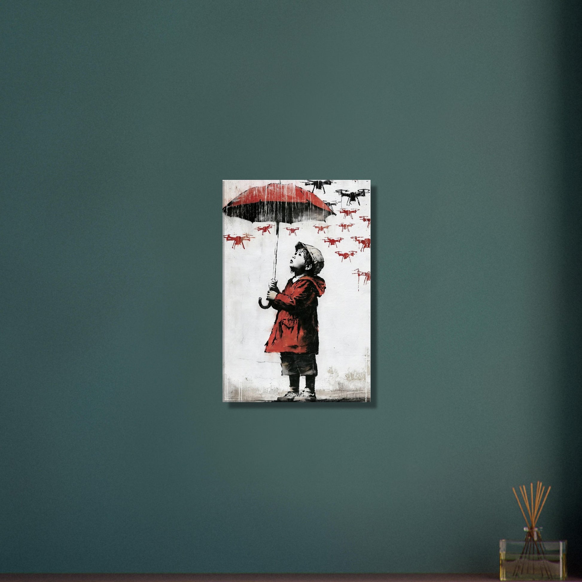 Junge im Banksy Stil mit rotem Regenschirm und Regenjacke im Regen voller Dronen auf einer Leinwand