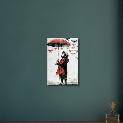 Junge im Banksy Stil mit rotem Regenschirm und Regenjacke im Regen voller Dronen auf einer Leinwand