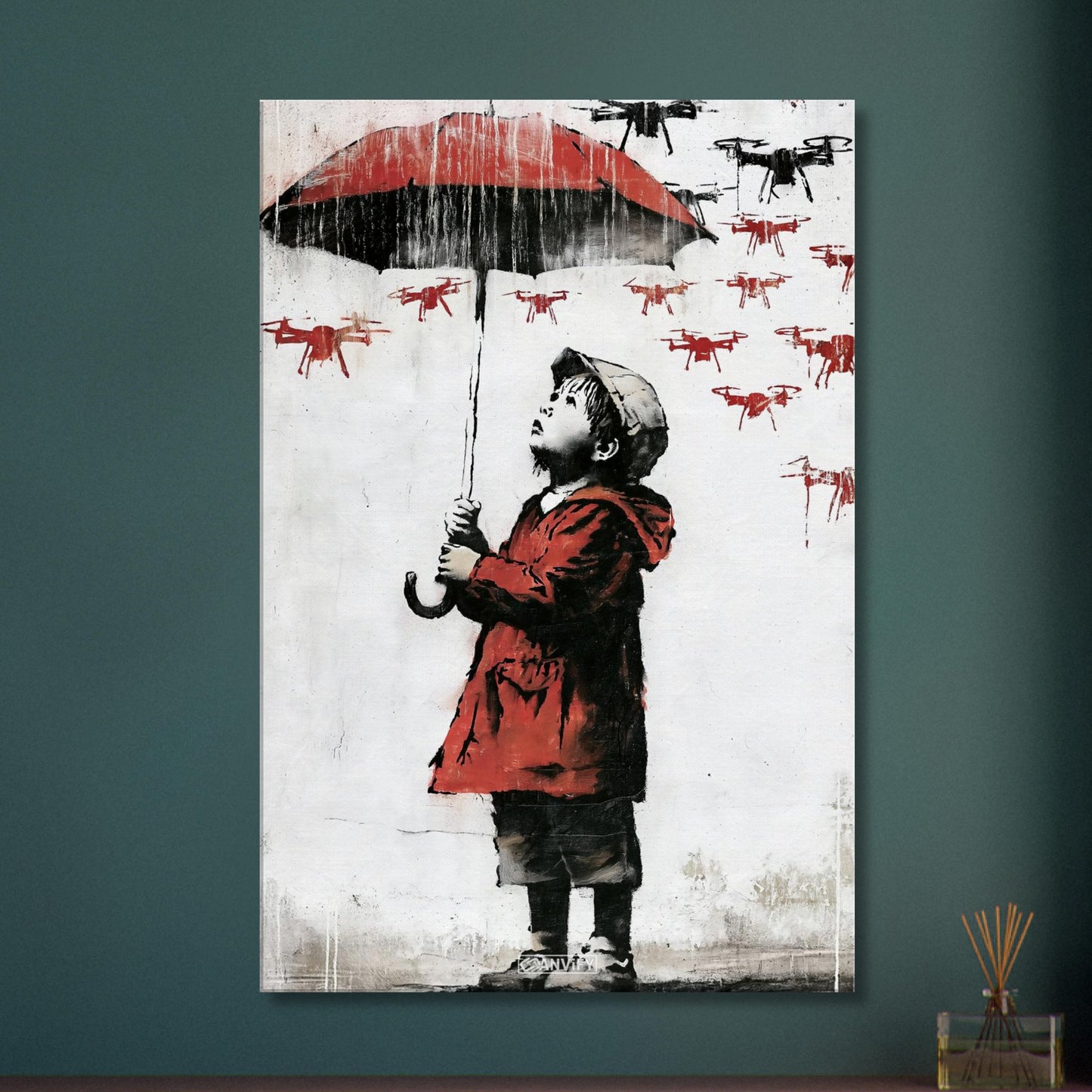 Junge im Banksy Stil mit rotem Regenschirm und Regenjacke im Regen voller Dronen auf einer Leinwand