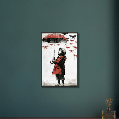 Junge im Banksy Stil mit rotem Regenschirm und Regenjacke im Regen voller Dronen auf einem Poster im Metallrahmen