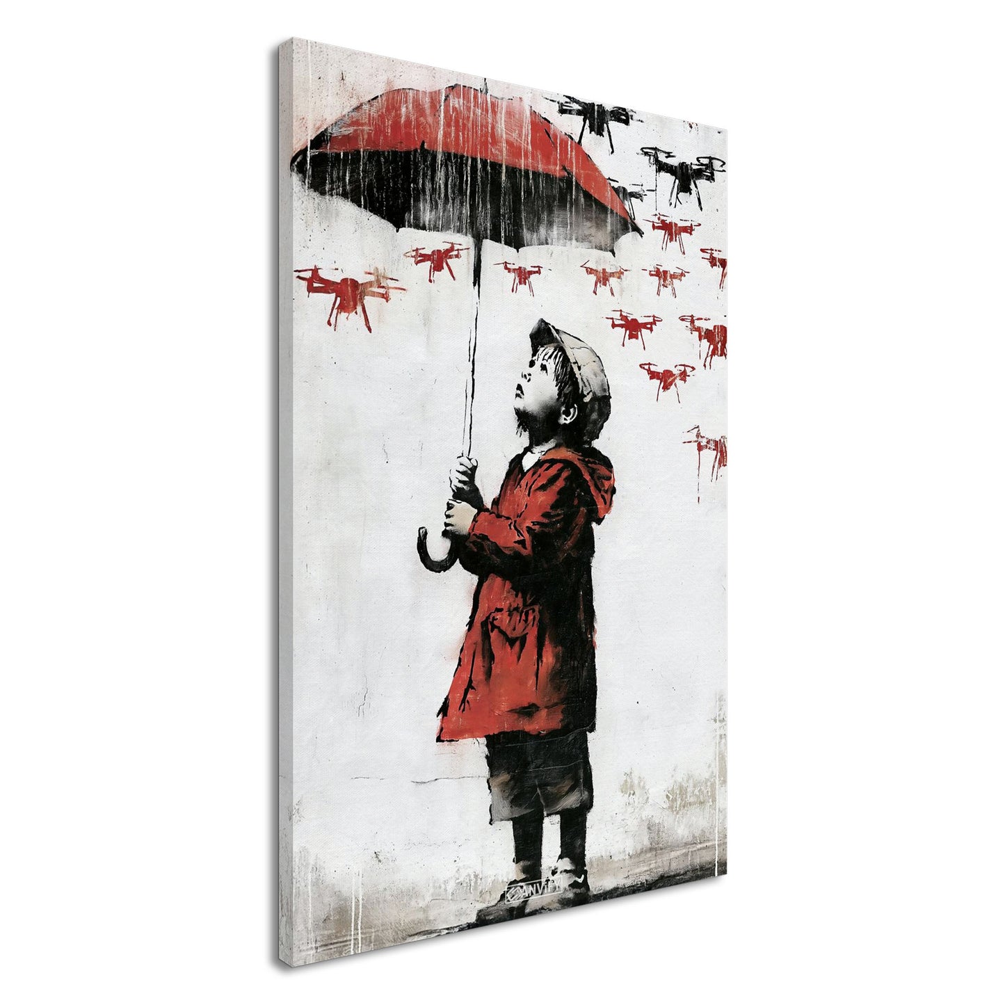 Junge im Banksy Stil mit rotem Regenschirm und Regenjacke im Regen voller Dronen auf einer Leinwand