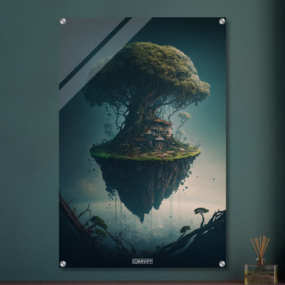 Gigantischer Dschungelbaum mit einem Baumhaus schwebend über einer Stadt auf einem Acrylbild