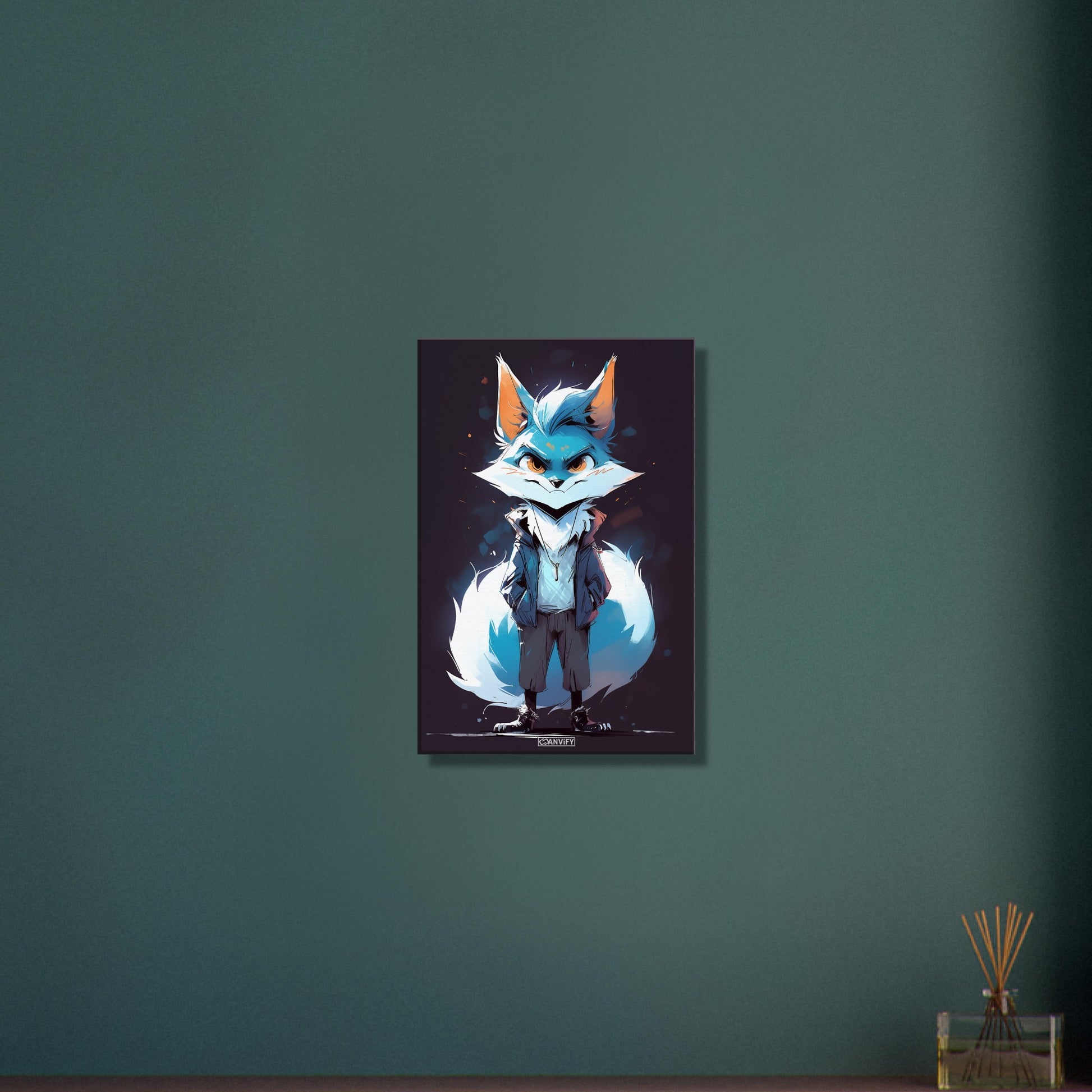 Blauer Fuchs als Detektiv auf einer Leinwand