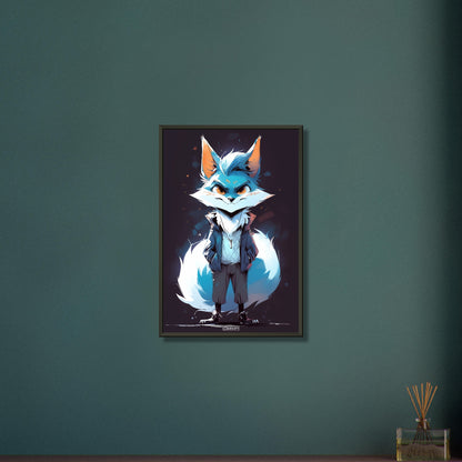 Blauer Fuchs als Detektiv auf einem Poster im Metallrahmen
