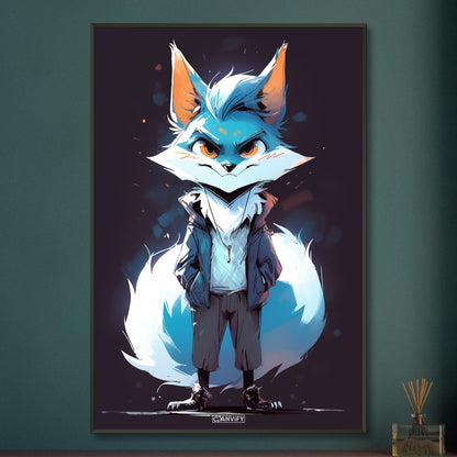 Blauer Fuchs als Detektiv auf einem Poster im Metallrahmen
