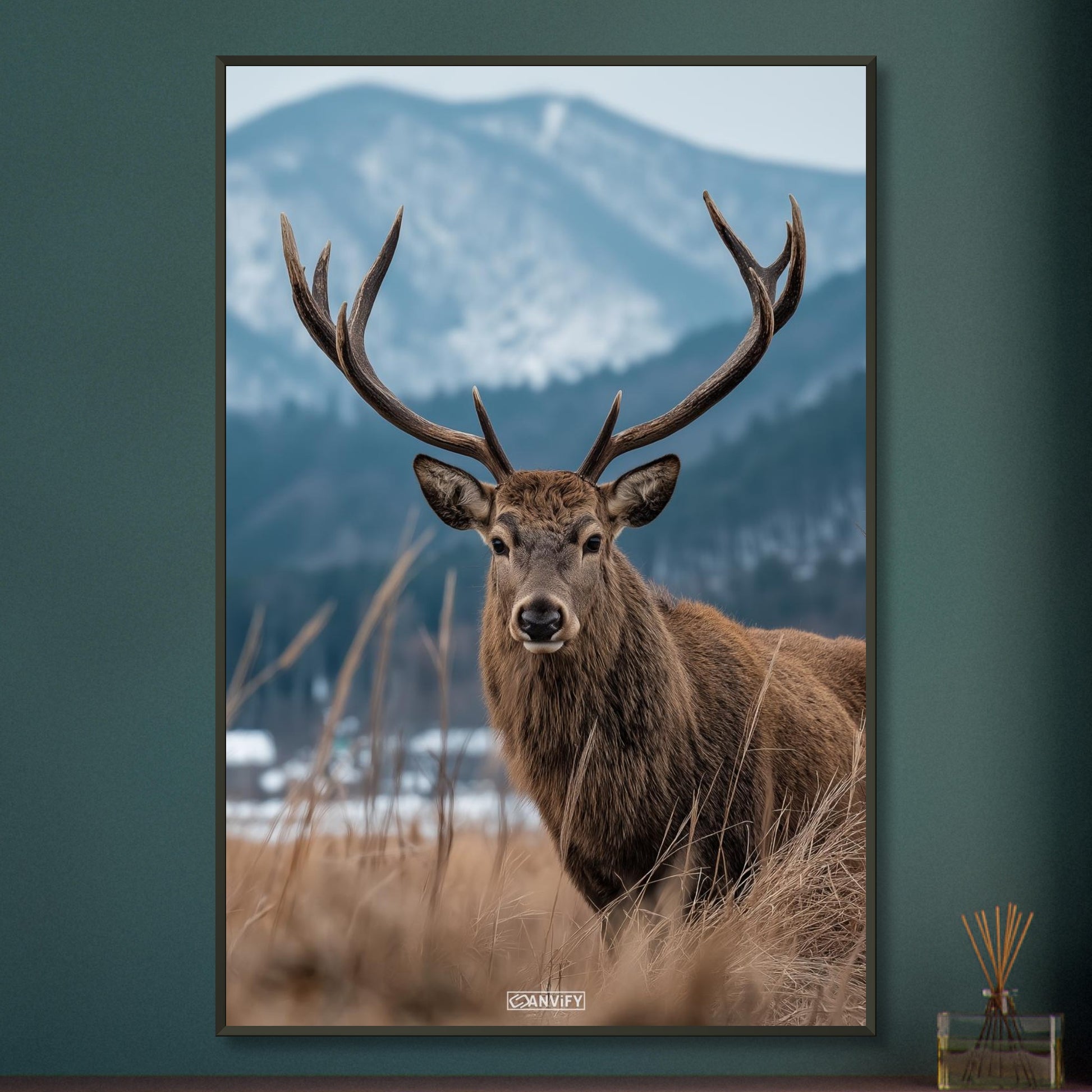 Hirsch mit großem Geweih am offenen Feld neben einem Nadelwald auf einem Poster im Metallrahmen