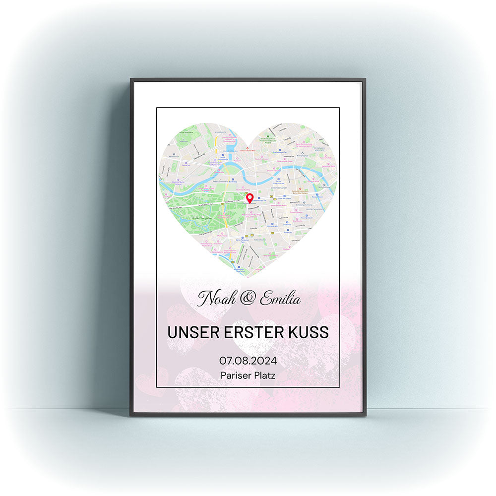Personalisierte Landkarte mit Stecknadel zur Markierung des Ortes und mit eigenen Namen, mit eigenem Text und Datum auf einem Poster im Metallrahmen