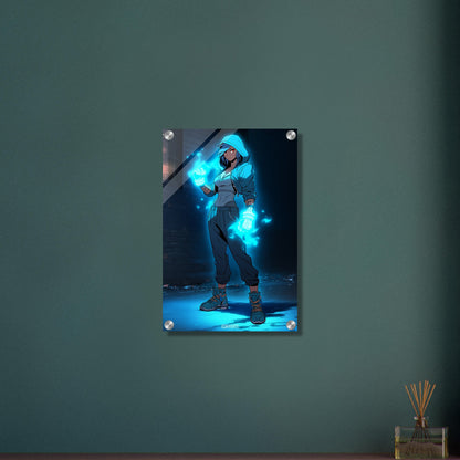 Weibliche Actionfigur mit elektrischen Fäusten auf einem Acrylbild