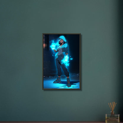 Weibliche Actionfigur mit elektrischen Fäusten auf einem Poster im Metallrahmen