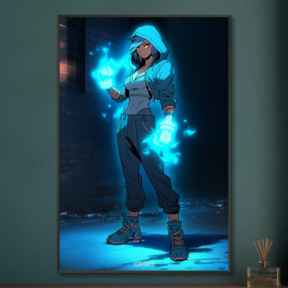Weibliche Actionfigur mit elektrischen Fäusten auf einem Poster im Metallrahmen