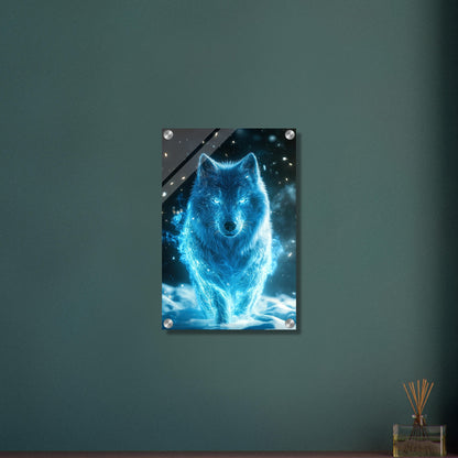 Weißwolf oder Arktischer Wolf genannt in blauer Farbe und elektrisch aufgeladen im Schnee auf einem Acrylbild