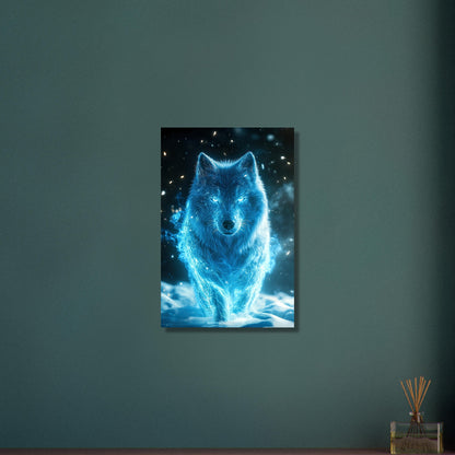 Weißwolf oder Arktischer Wolf genannt in blauer Farbe und elektrisch aufgeladen im Schnee auf Aluminium