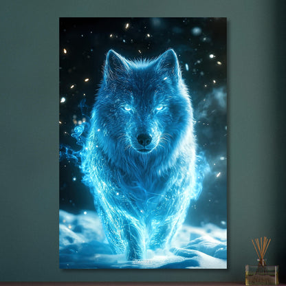 Weißwolf oder Arktischer Wolf genannt in blauer Farbe und elektrisch aufgeladen im Schnee auf Aluminium