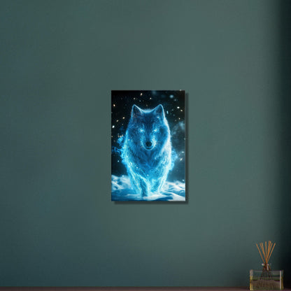 Weißwolf oder Arktischer Wolf genannt in blauer Farbe und elektrisch aufgeladen im Schnee auf einer Leinwand
