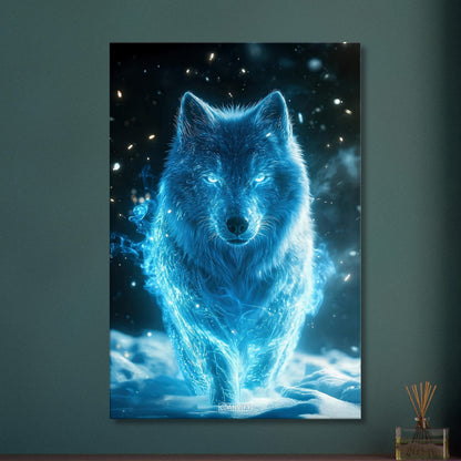 Weißwolf oder Arktischer Wolf genannt in blauer Farbe und elektrisch aufgeladen im Schnee auf einer Leinwand