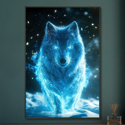 Weißwolf oder Arktischer Wolf genannt in blauer Farbe und elektrisch aufgeladen im Schnee auf einem Poster im Metallrahmen