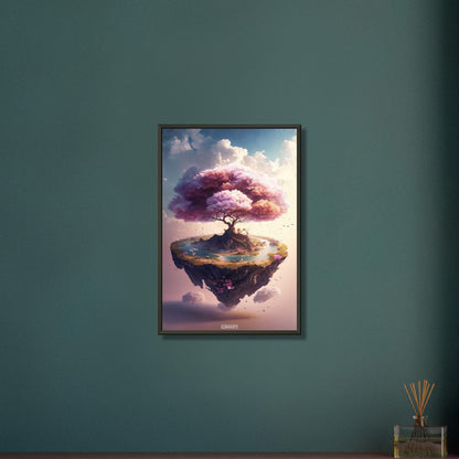 Schwebender Kirschblütenbaum mit einem Teich auf einem Poster im Metallrahmen
