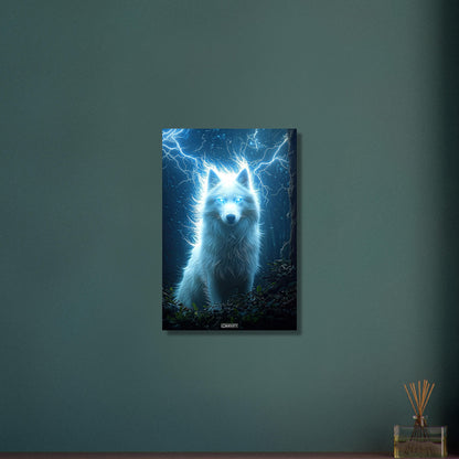 Weißer Polarwolf mit Blitzen im dunklen Wald auf Aluminium