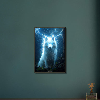 Weißer Polarwolf mit Blitzen im dunklen Wald auf einem Poster im Metallrahmen