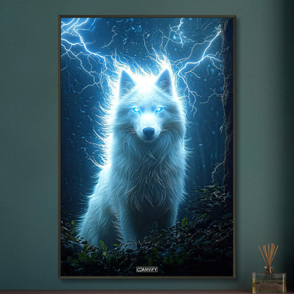 Weißer Polarwolf mit Blitzen im dunklen Wald auf einem Poster im Metallrahmen