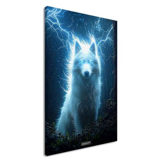 Weißer Polarwolf mit Blitzen im dunklen Wald auf einer Leinwand