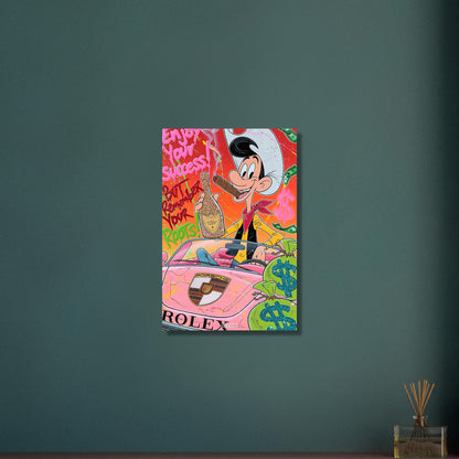 Lucky Luke mit Zigarre im Mund und einem Champagner namens Dom Perignon in der Hand sitzend im Porsche mit Geldsäcken und einem Spruch "Enjoy Your Success But Remember Your Roots!" auf Aluminium