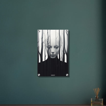 Abstrakter Wald mit einer Frau dahinter in Schwarz und Weißer Farbe auf einem Acrylbild
