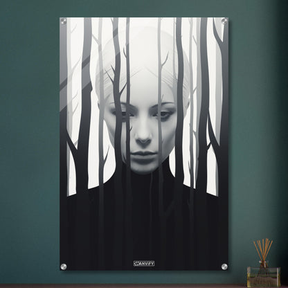 Abstrakter Wald mit einer Frau dahinter in Schwarz und Weißer Farbe auf einem Acrylbild