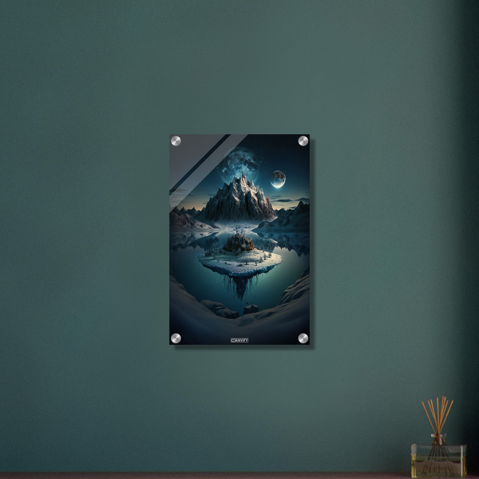 Exoplanet mit Mond und einer verschneiten Insel im See auf einem Acrylbild