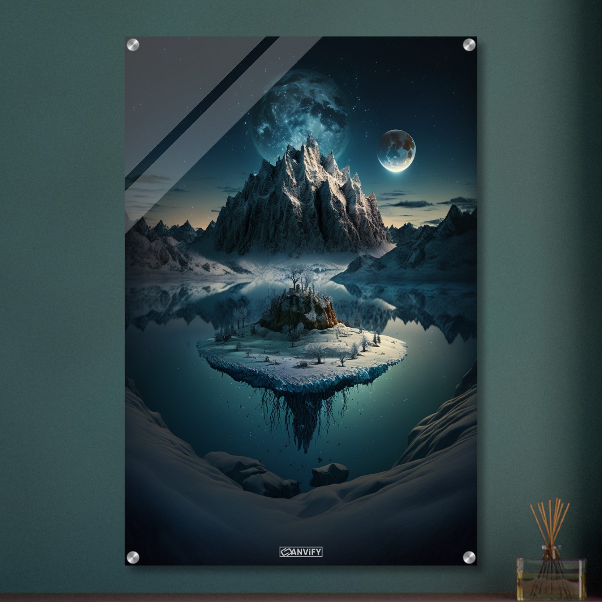 Exoplanet mit Mond und einer verschneiten Insel im See auf einem Acrylbild